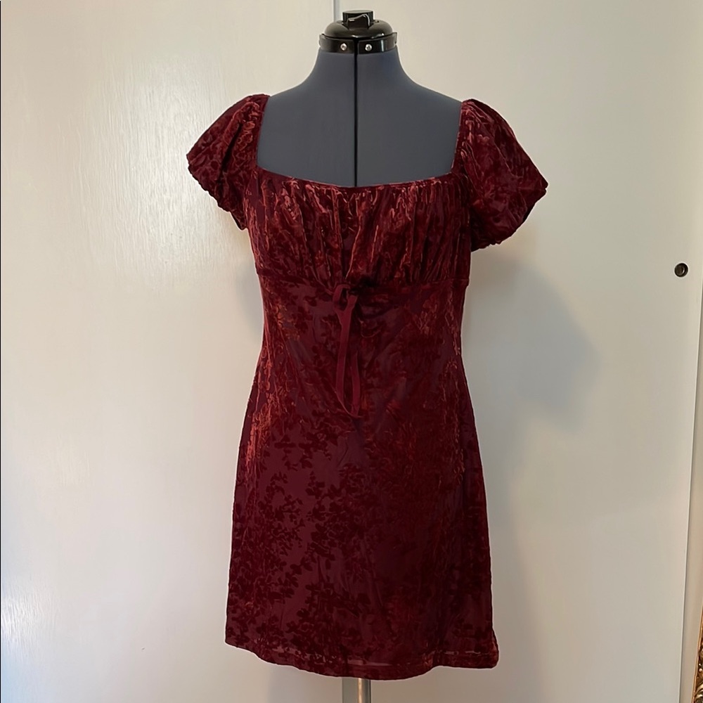 Cider Velvet Burgundy Empire Waist Mini Dress